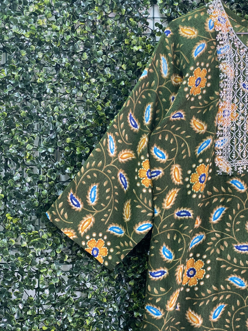 Olive Floral Embroidered Yoke Tunic Dress — detail