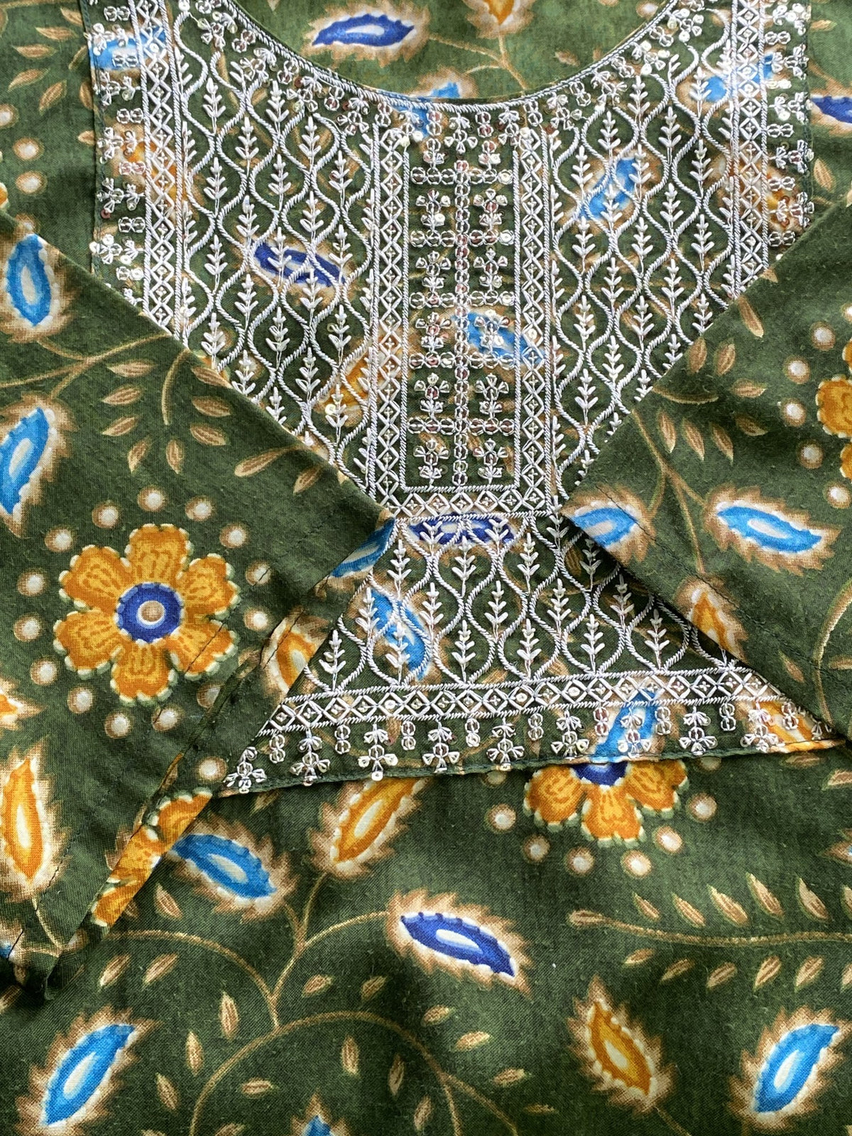 Olive Floral Embroidered Yoke Tunic Dress — detail