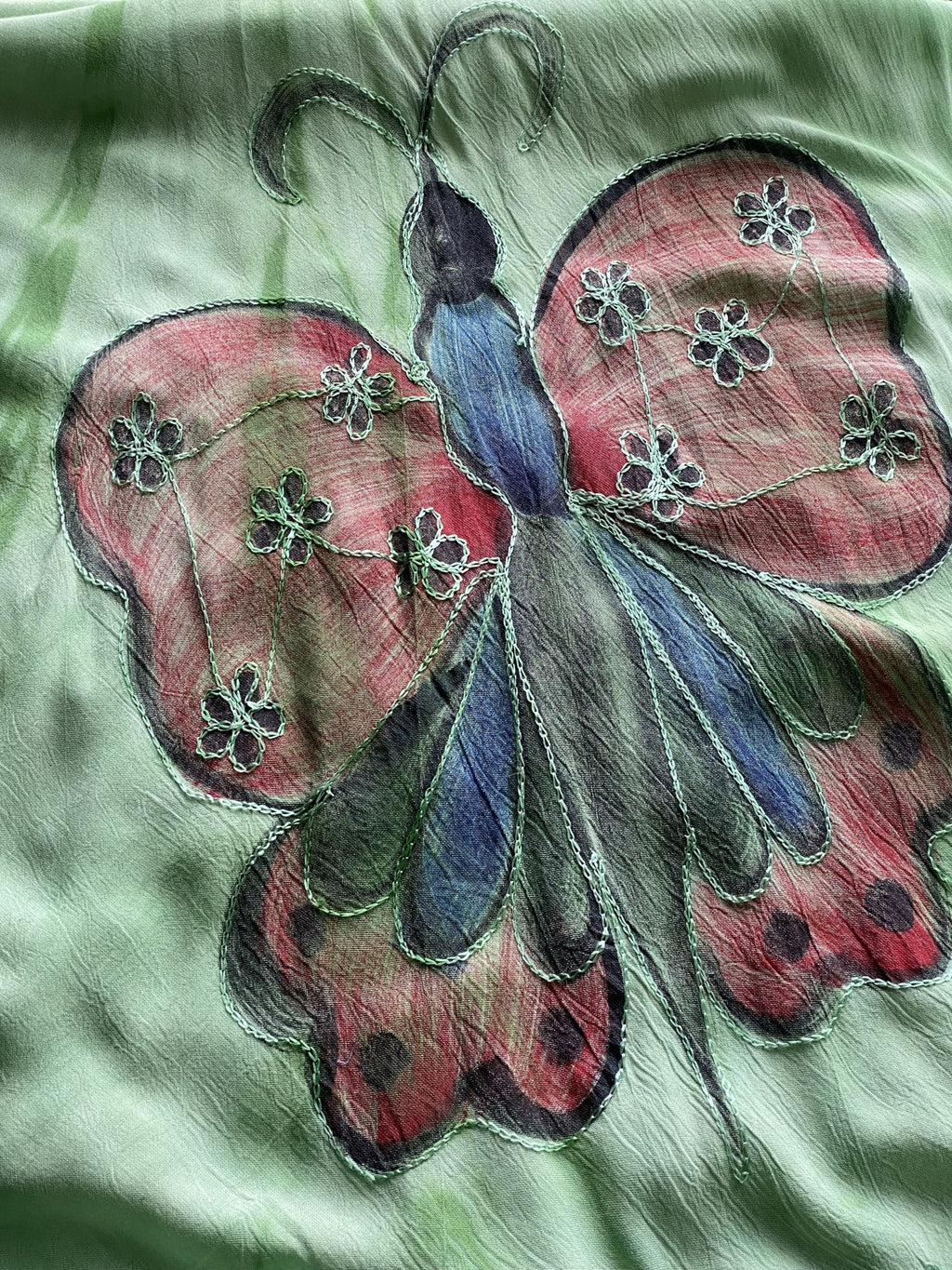 Green Butterfly Print High-Low Viscose Dress — detail