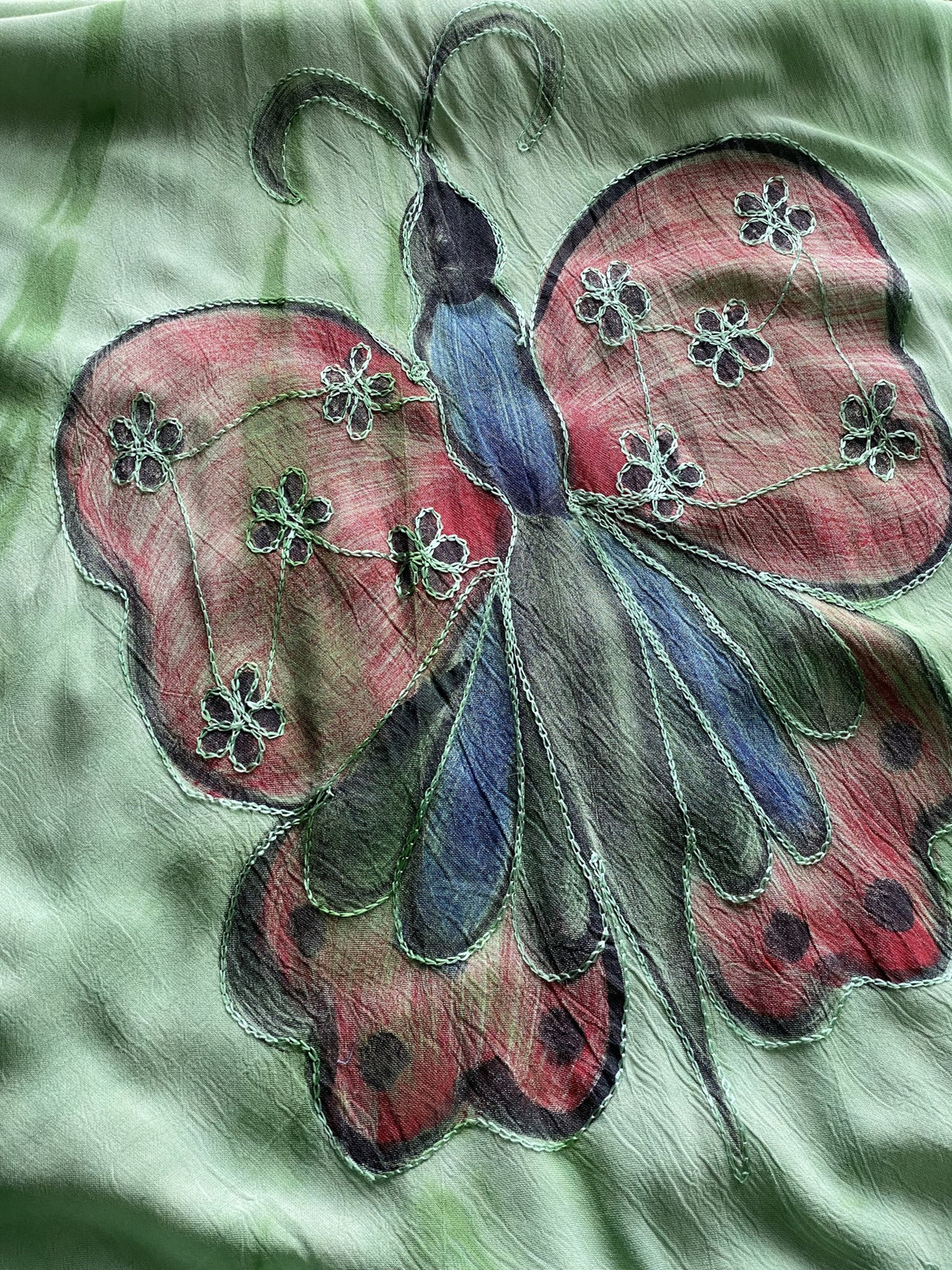 Green Butterfly Print High-Low Viscose Dress — detail