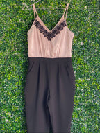 Lipsy Blush & Black Lace-Trim Tailored Jumpsuit — front