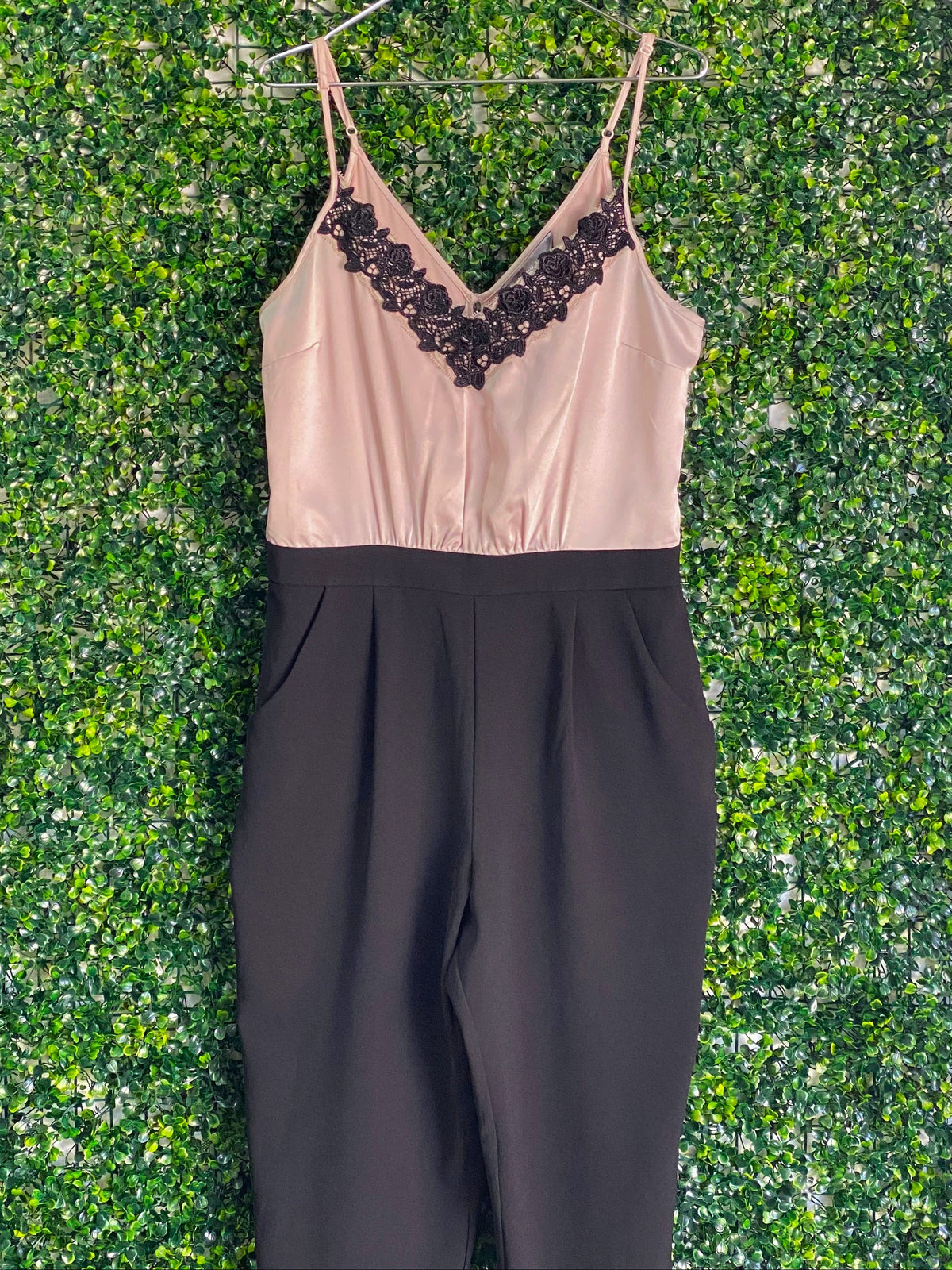 Lipsy Blush & Black Lace-Trim Tailored Jumpsuit — front