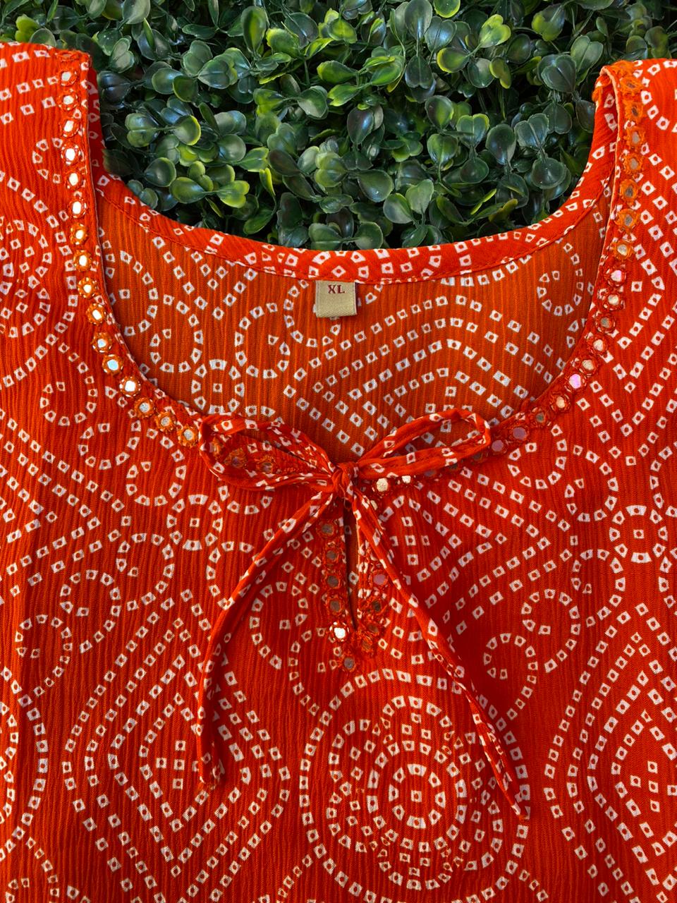 Orange & White Geometric Print Tie-Neck Kaftan Blouse