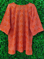 Orange & White Geometric Print Tie-Neck Kaftan Blouse
