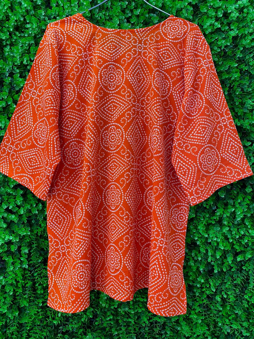 Orange & White Geometric Print Tie-Neck Kaftan Blouse