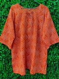 Orange & White Geometric Print Tie-Neck Kaftan Blouse