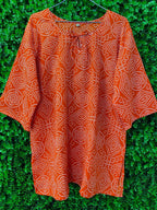 Orange & White Geometric Print Tie-Neck Kaftan Blouse