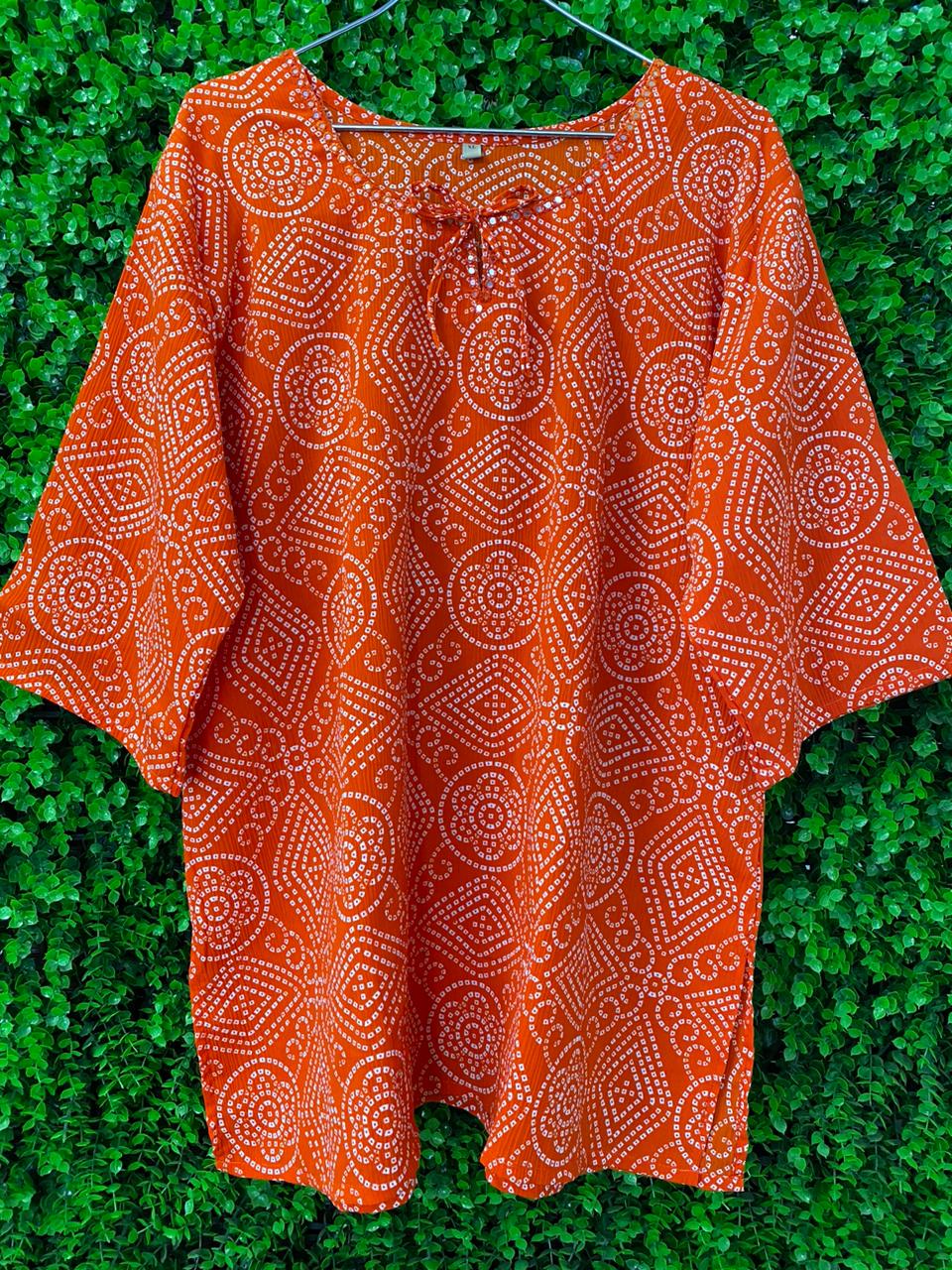 Orange & White Geometric Print Tie-Neck Kaftan Blouse