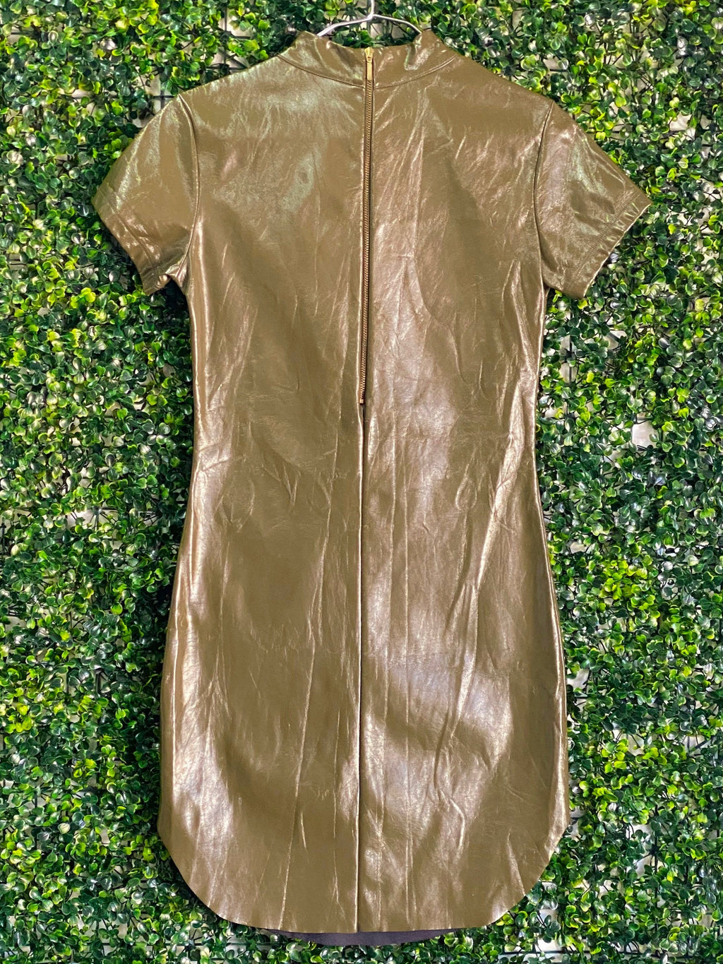 X&O Metallic Olive-Gold Mock-Neck Shift Dress — back