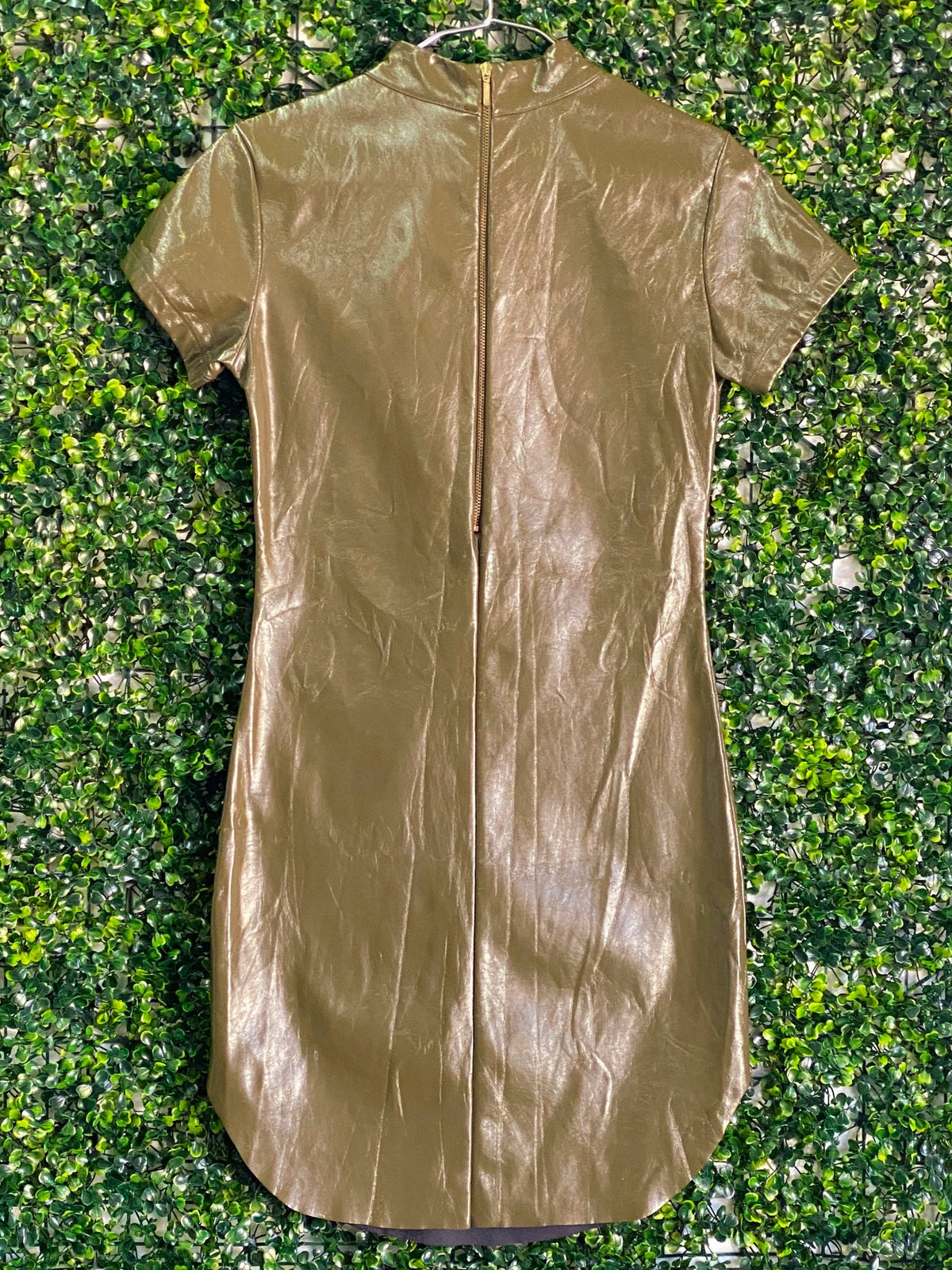 X&O Metallic Olive-Gold Mock-Neck Shift Dress — back