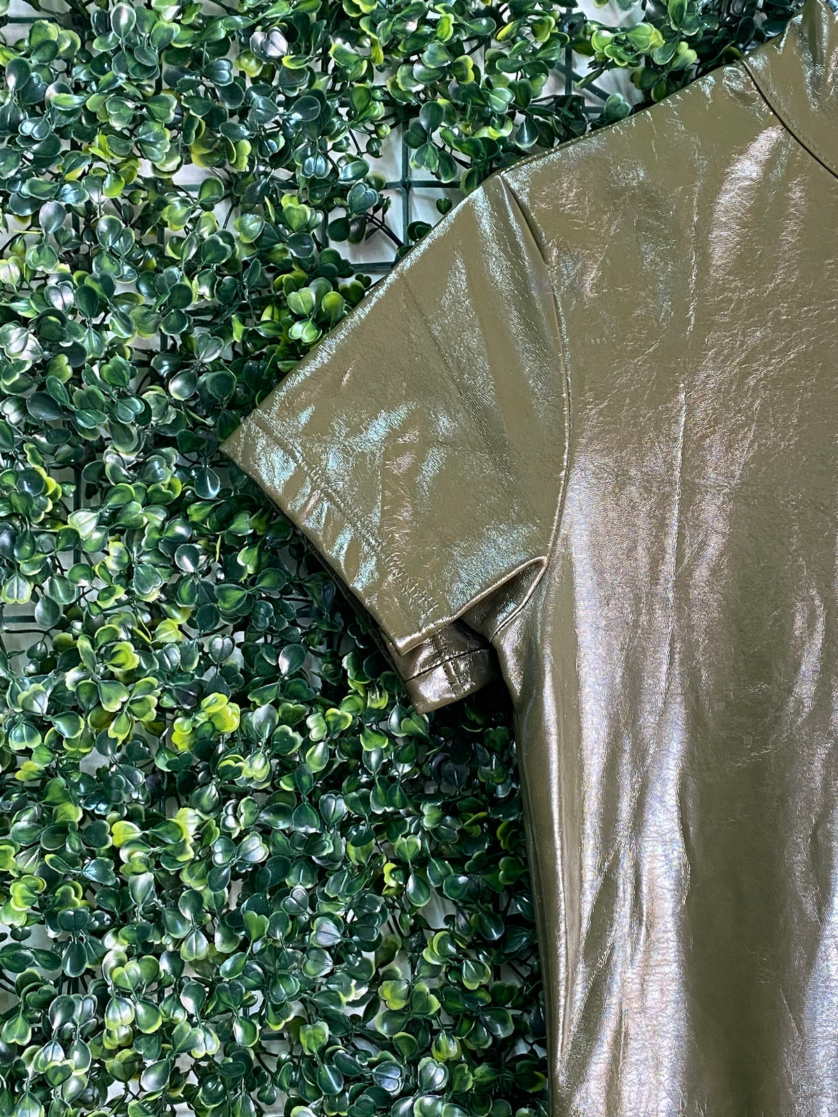 X&O Metallic Olive-Gold Mock-Neck Shift Dress — detail