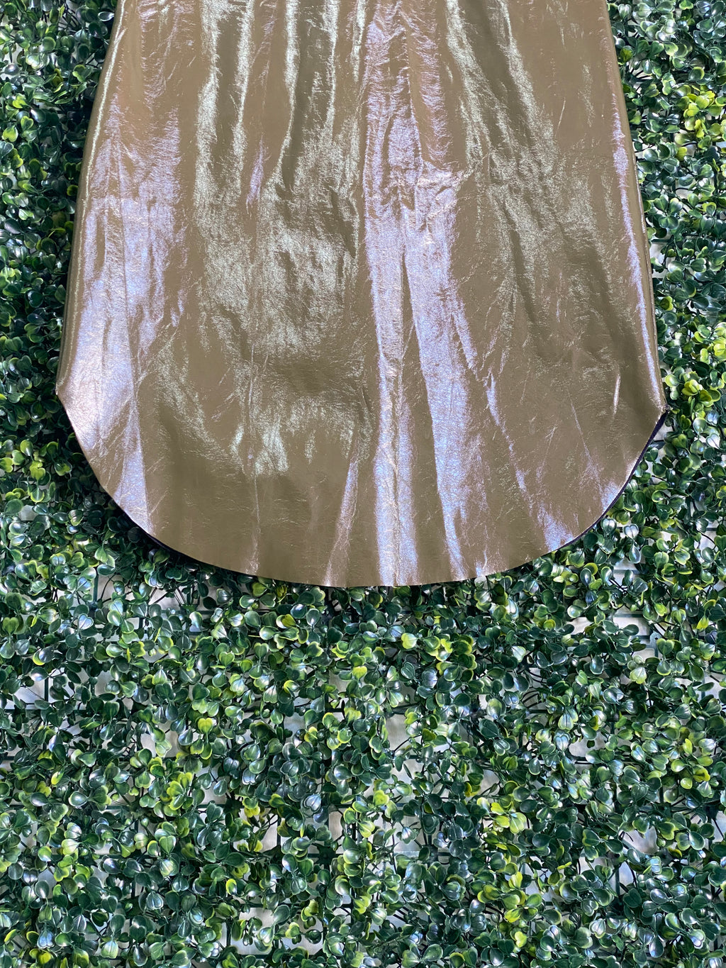 X&O Metallic Olive-Gold Mock-Neck Shift Dress — detail