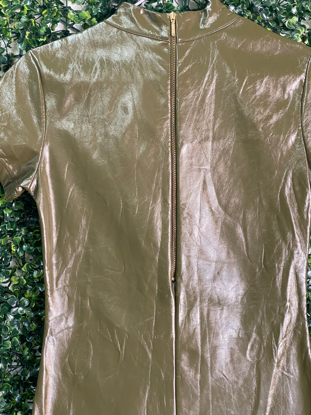X&O Metallic Olive-Gold Mock-Neck Shift Dress — detail