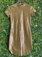 X&O Metallic Olive-Gold Mock-Neck Shift Dress — front