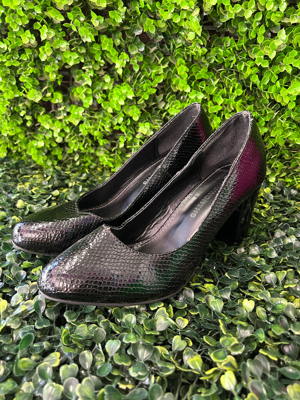 Truworths Black Snakeskin-Effect Block Heel Court Shoes — detail