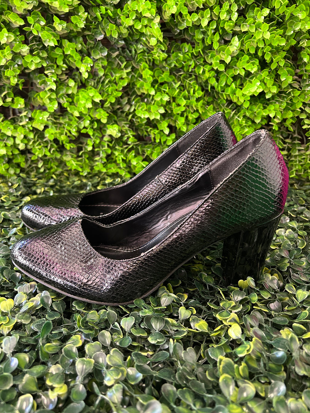 Truworths Black Snakeskin-Effect Block Heel Court Shoes — detail