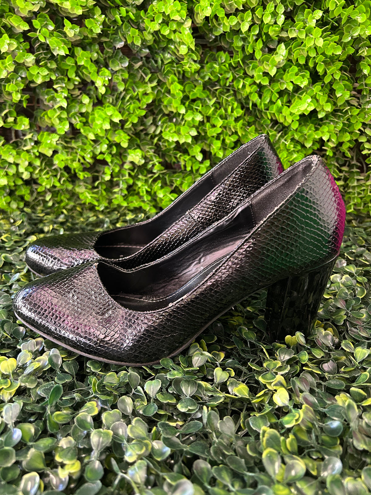 Truworths Black Snakeskin-Effect Block Heel Court Shoes — detail