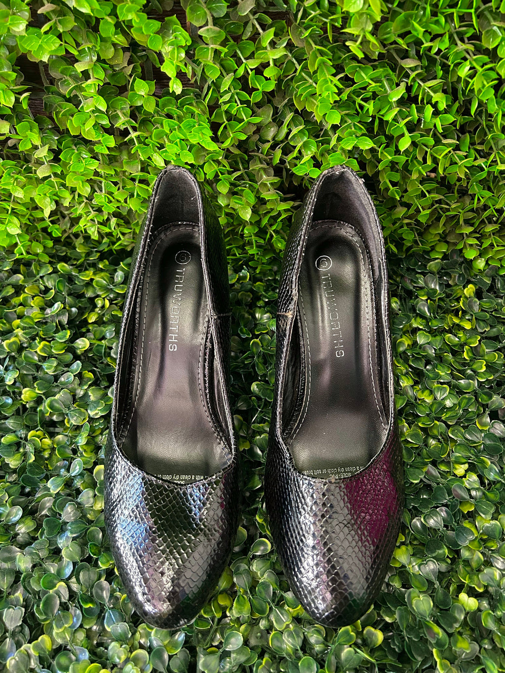 Truworths Black Snakeskin-Effect Block Heel Court Shoes — front
