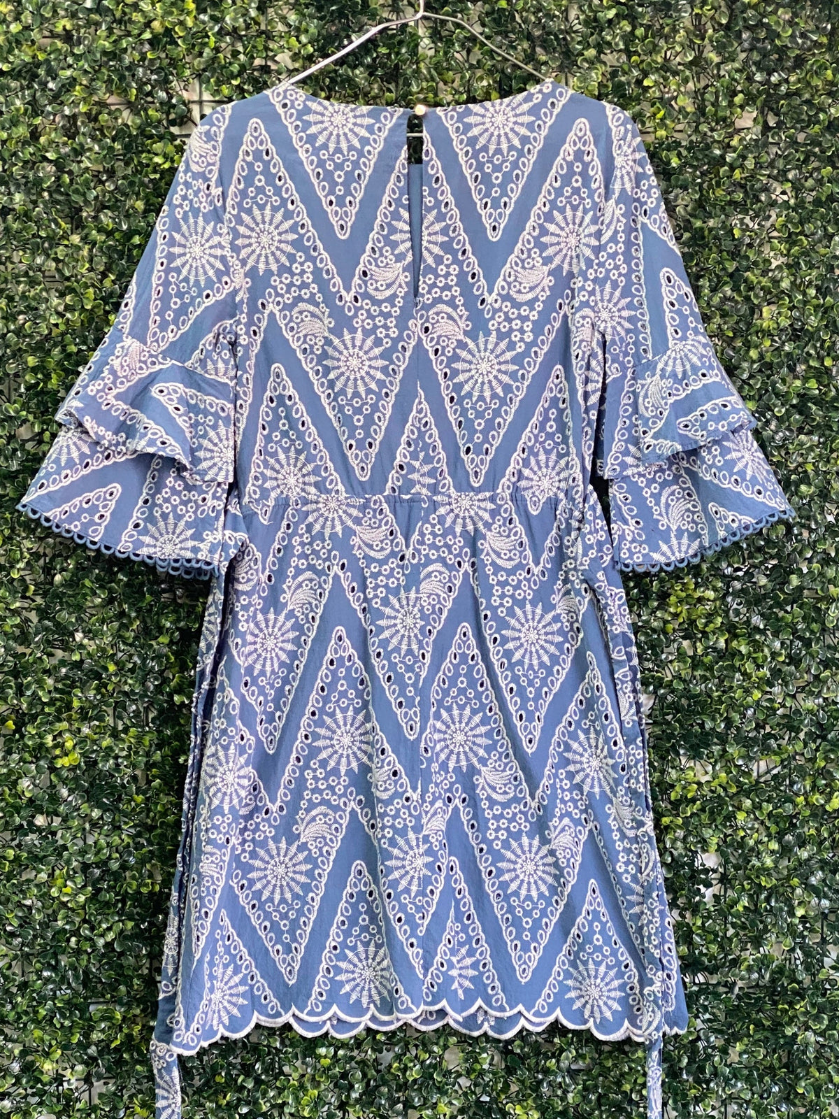 River Island Blue Embroidered Bell Sleeve Dress — back