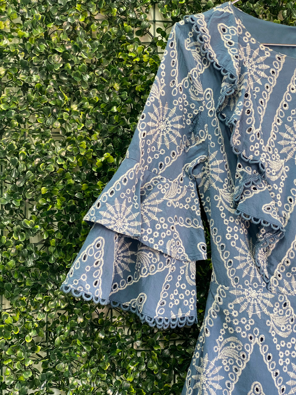 River Island Blue Embroidered Bell Sleeve Dress — detail