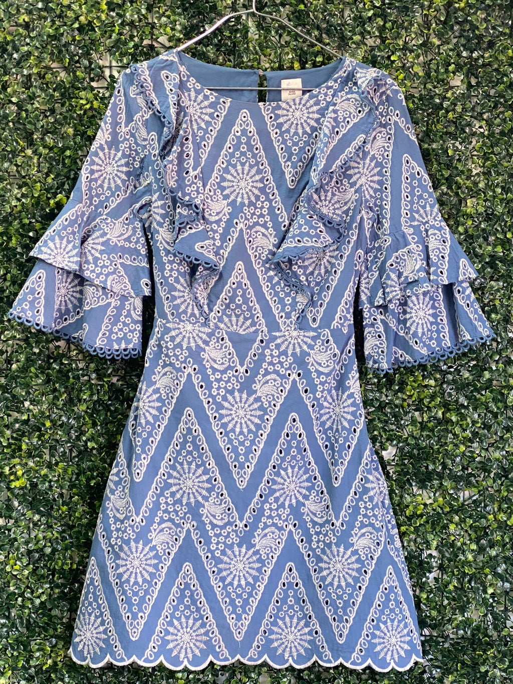 River Island Blue Embroidered Bell Sleeve Dress — front
