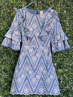 River Island Blue Embroidered Bell Sleeve Dress — front