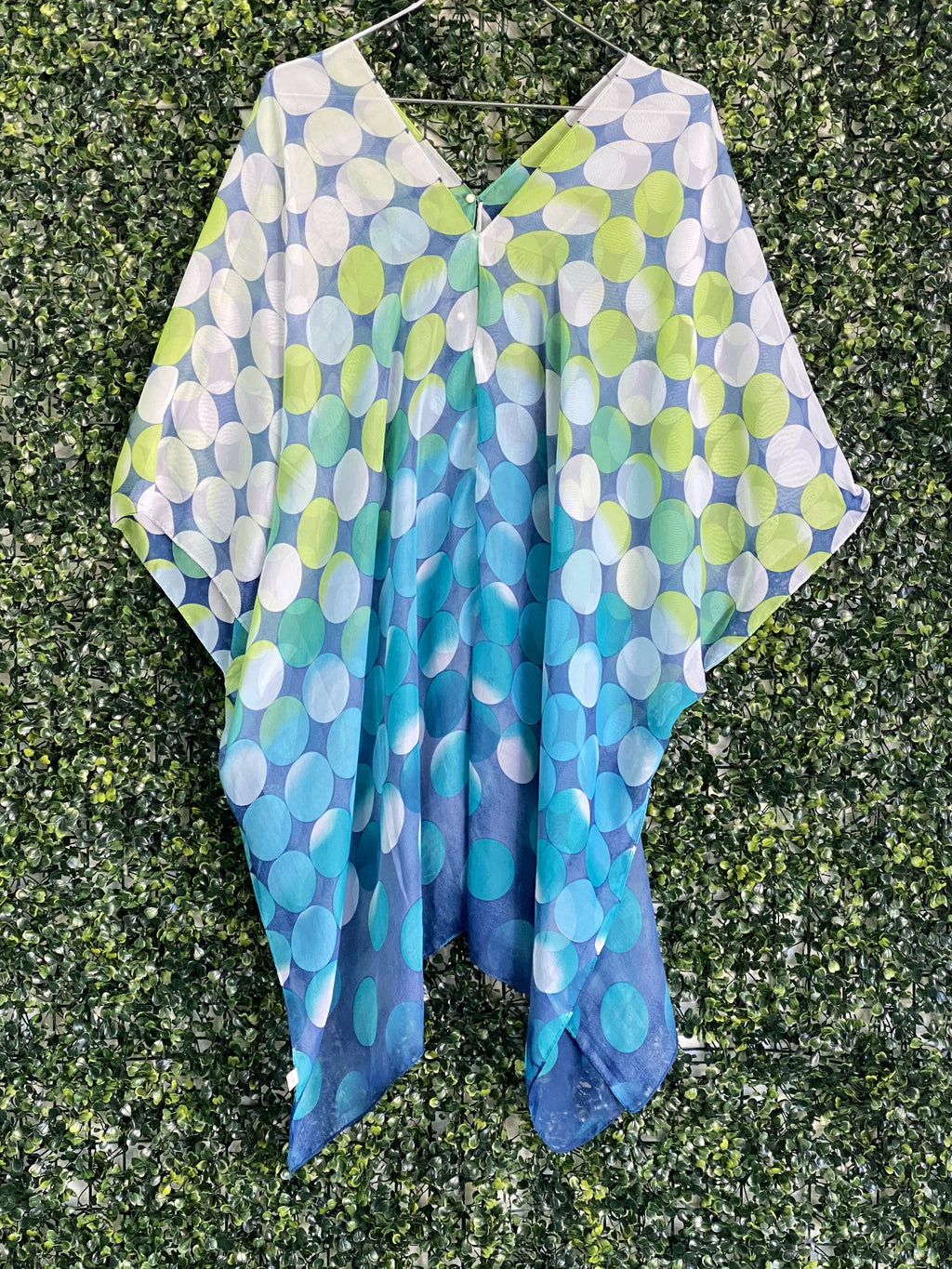 Blue Green Polka Dot Sheer Kaftan Dress — front