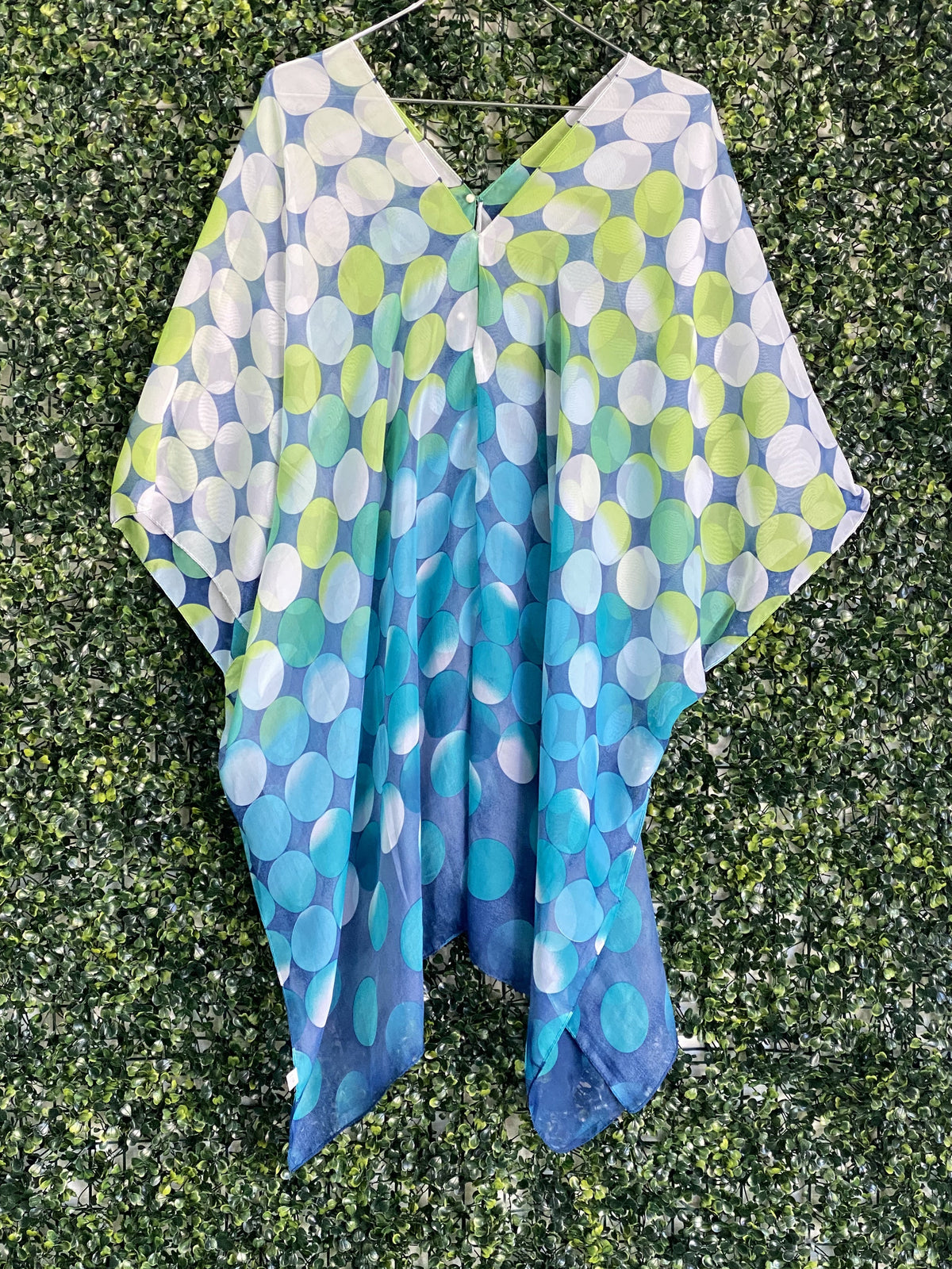 Blue Green Polka Dot Sheer Kaftan Dress — front