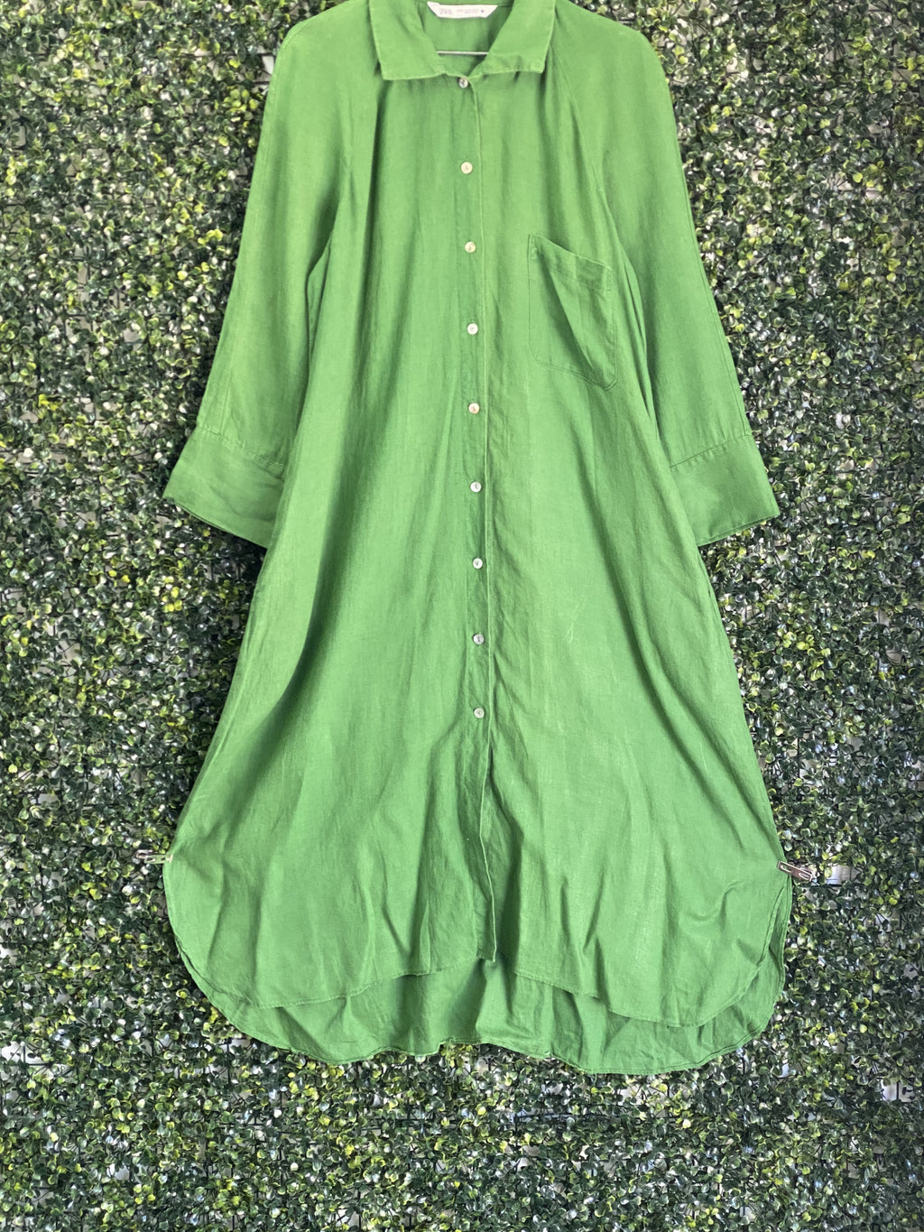 Zara Leaf Green Linen Longline Shirt Dress — detail