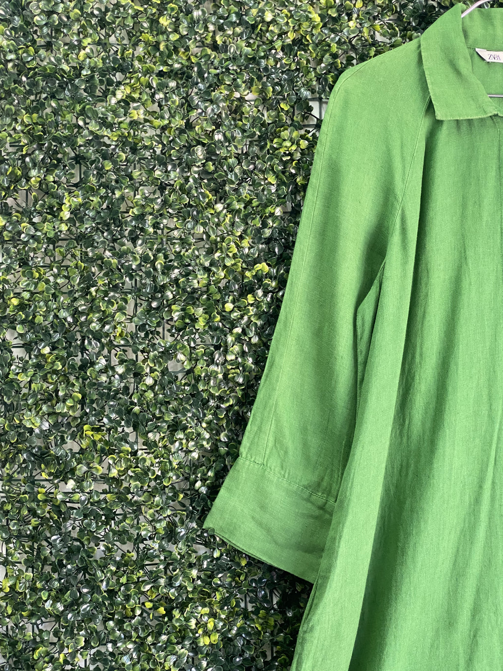Zara Leaf Green Linen Longline Shirt Dress — detail