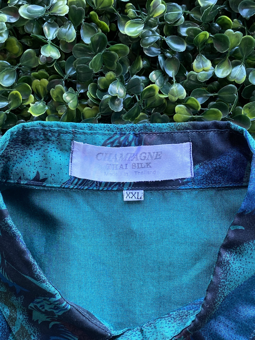 Champagne Thai Silk Teal Bird Print Shirt — brand