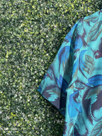 Champagne Thai Silk Teal Bird Print Shirt — detail