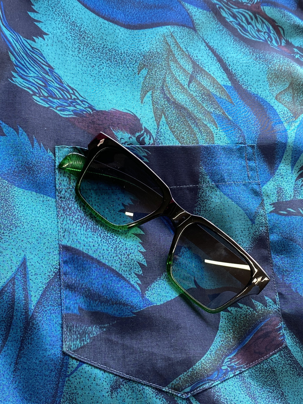 Champagne Thai Silk Teal Bird Print Shirt — detail
