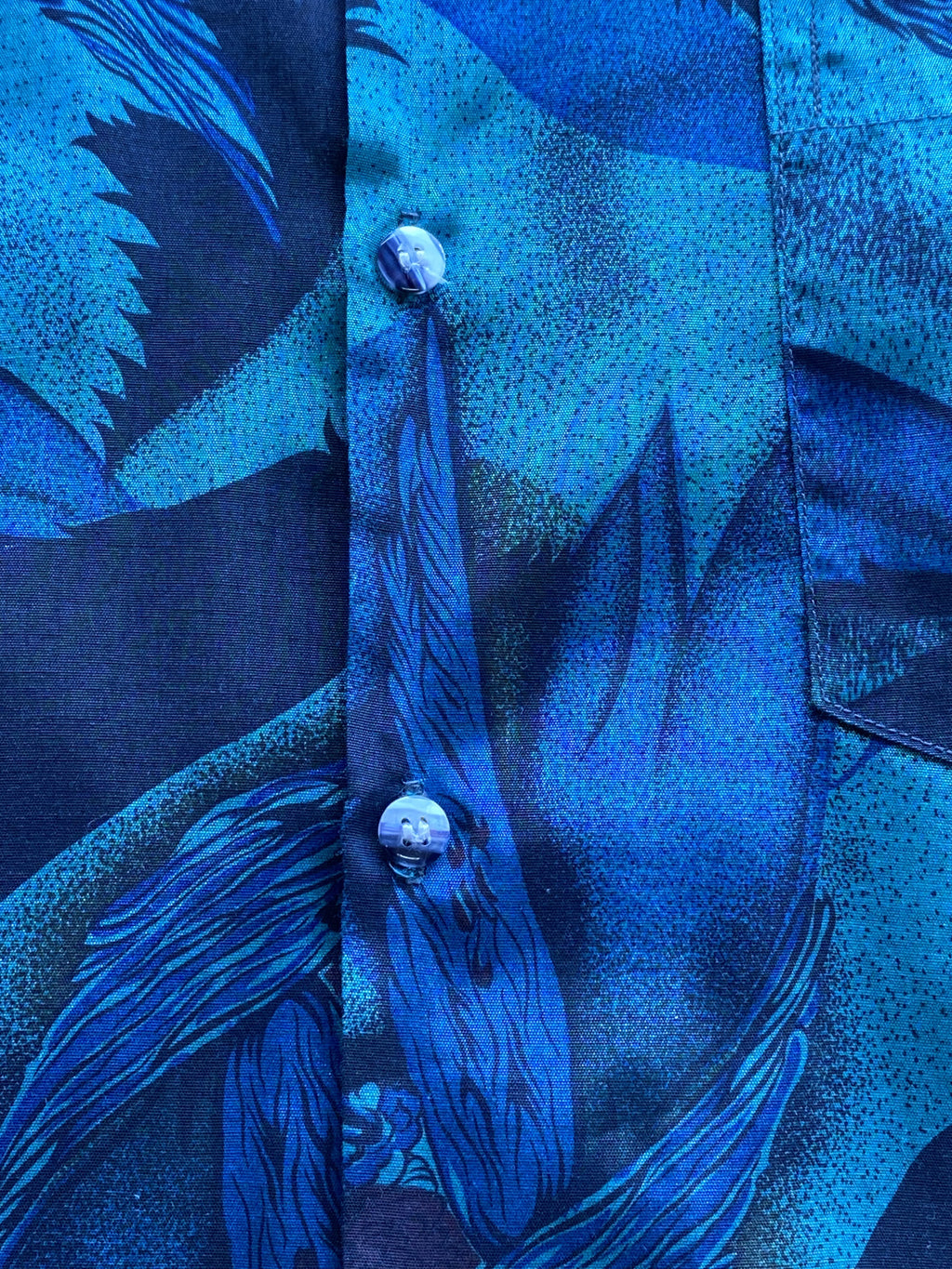 Champagne Thai Silk Teal Bird Print Shirt — detail