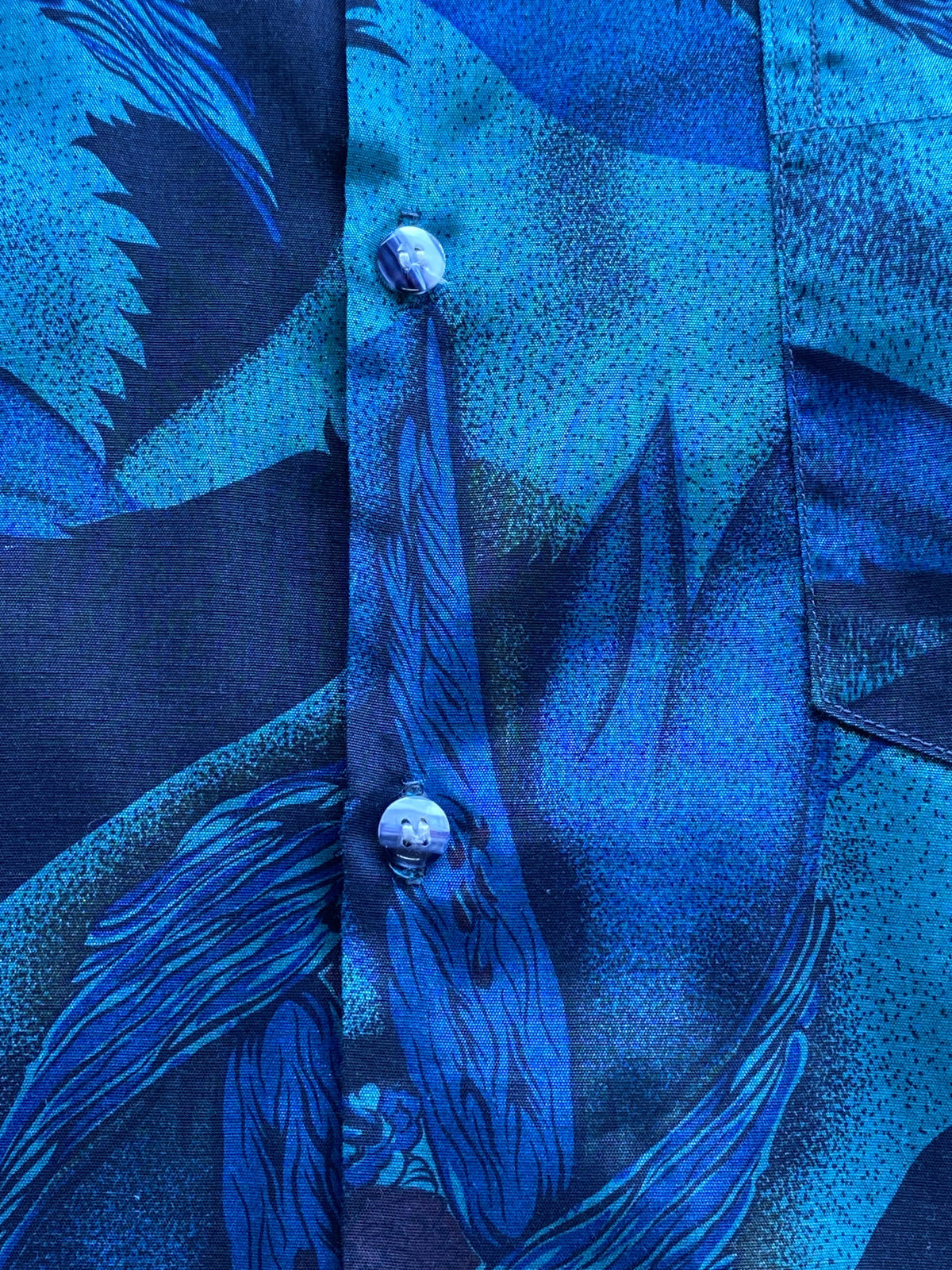 Champagne Thai Silk Teal Bird Print Shirt — detail