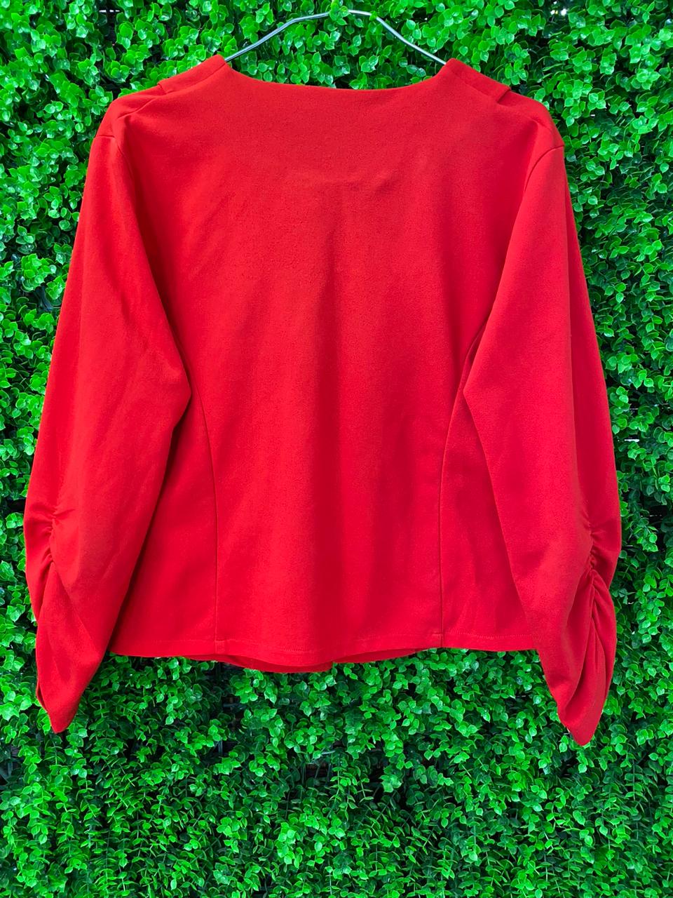 Studio Red Cropped Blazer with Ruched Sleeves