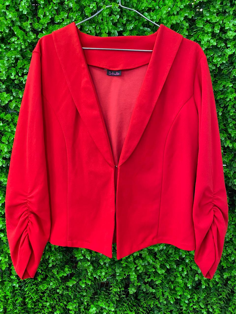 Studio Red Cropped Blazer with Ruched Sleeves