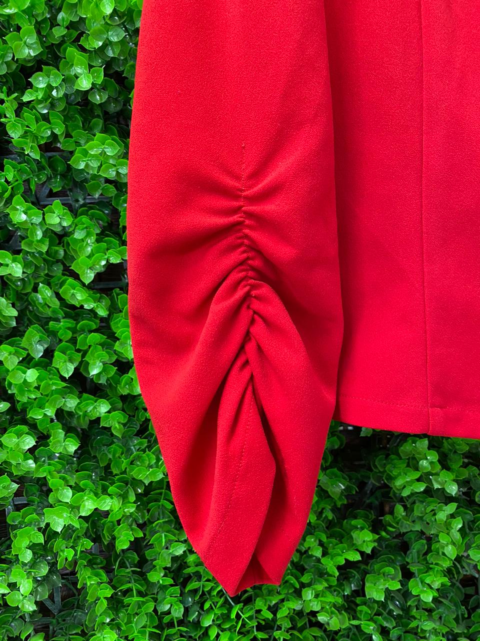 Studio Red Cropped Blazer with Ruched Sleeves