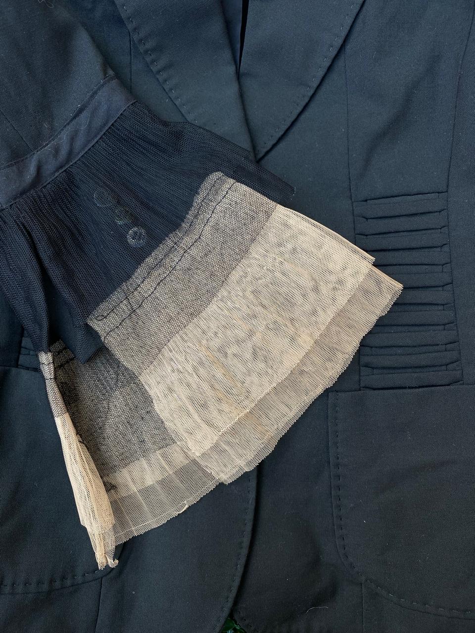 Le Château Black Tailored Blazer with Sheer Ruffle Cuffs