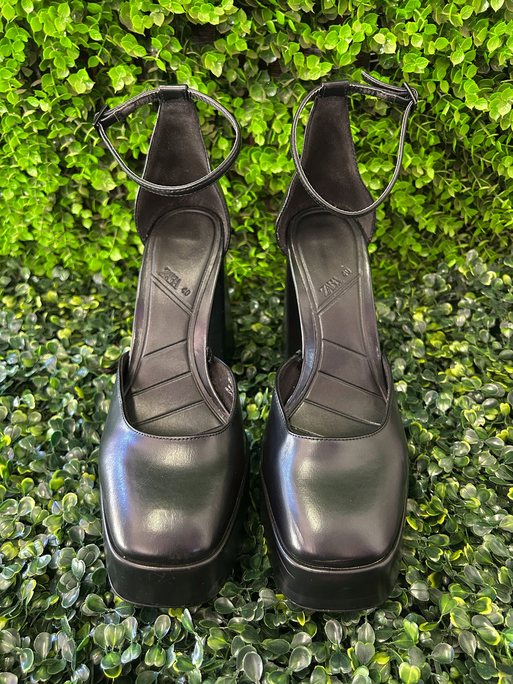 Zara Black Platform Ankle-Strap Block Heels — front