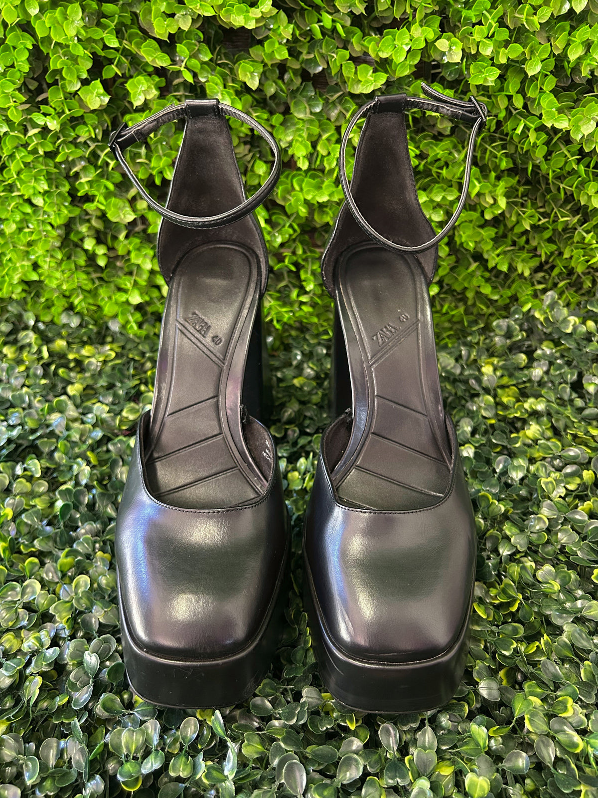 Zara Black Platform Ankle-Strap Block Heels — front