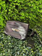 Dazzle Black Croc Embossed Shoulder Bag — front