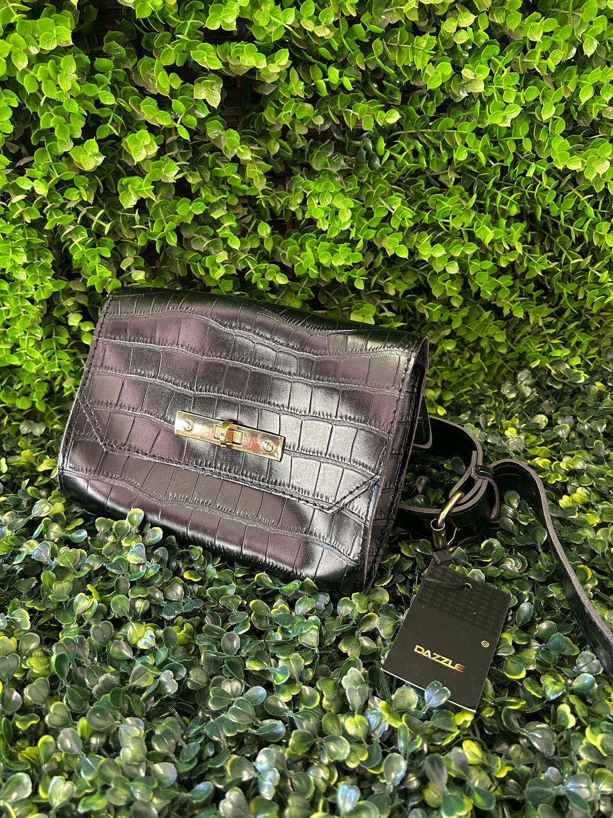 Dazzle Black Croc Embossed Shoulder Bag — front