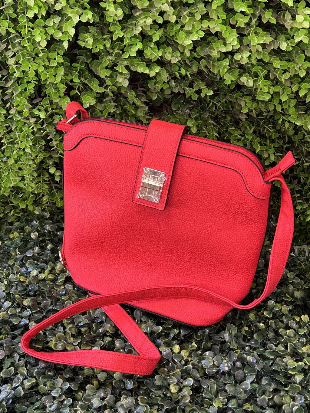 Red Textured Crossbody Bag with Gold Clasp — detail