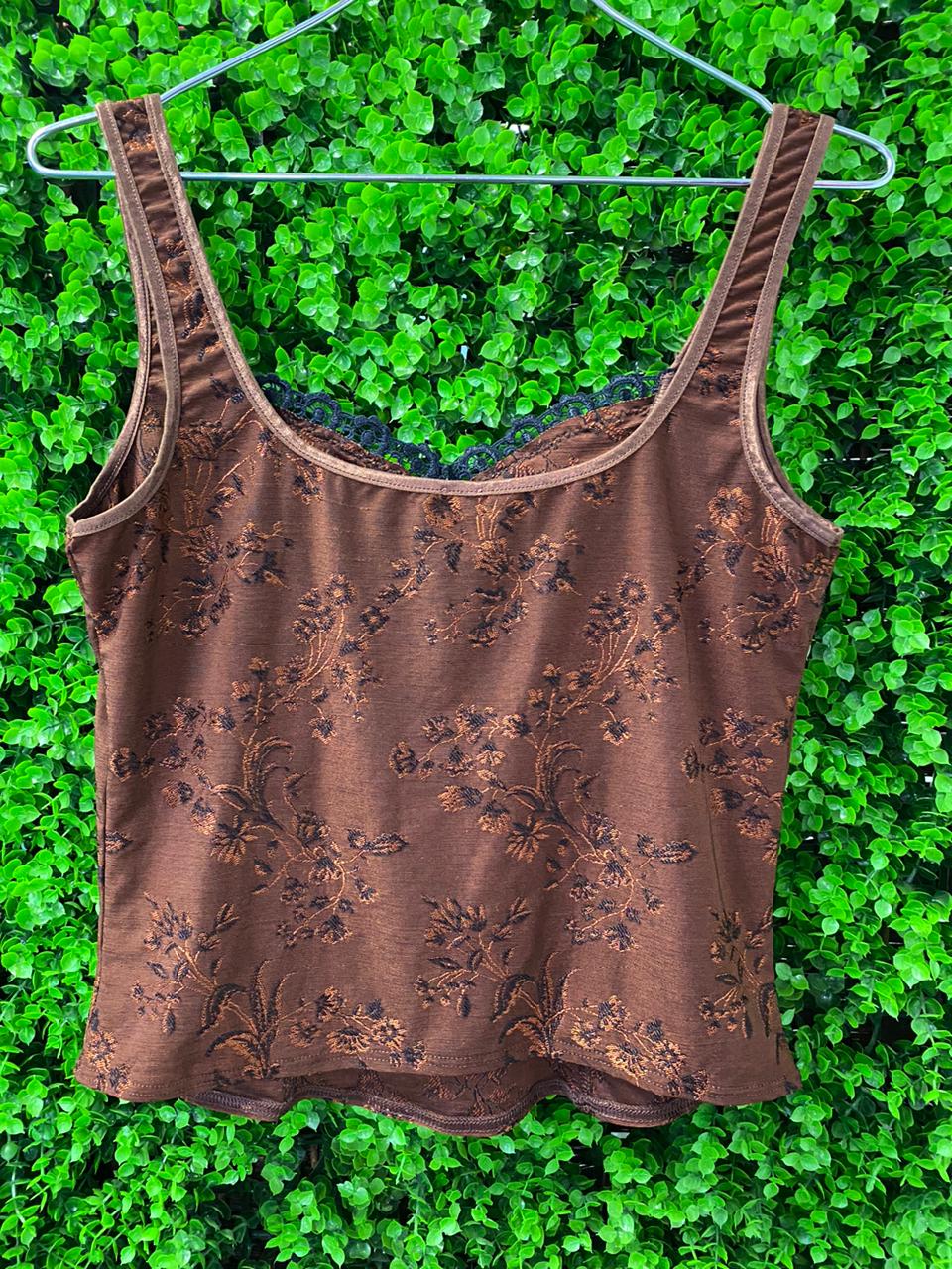 Brown Jacquard Floral Lace Trim Cami Top