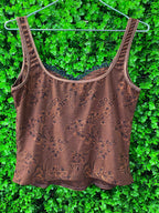 Brown Jacquard Floral Lace Trim Cami Top