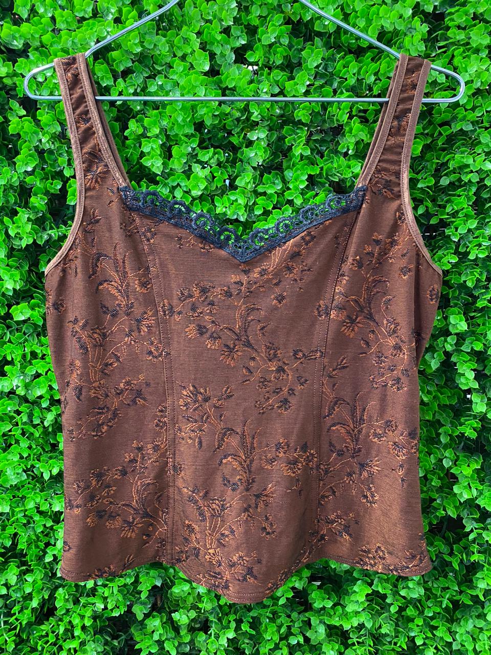 Brown Jacquard Floral Lace Trim Cami Top