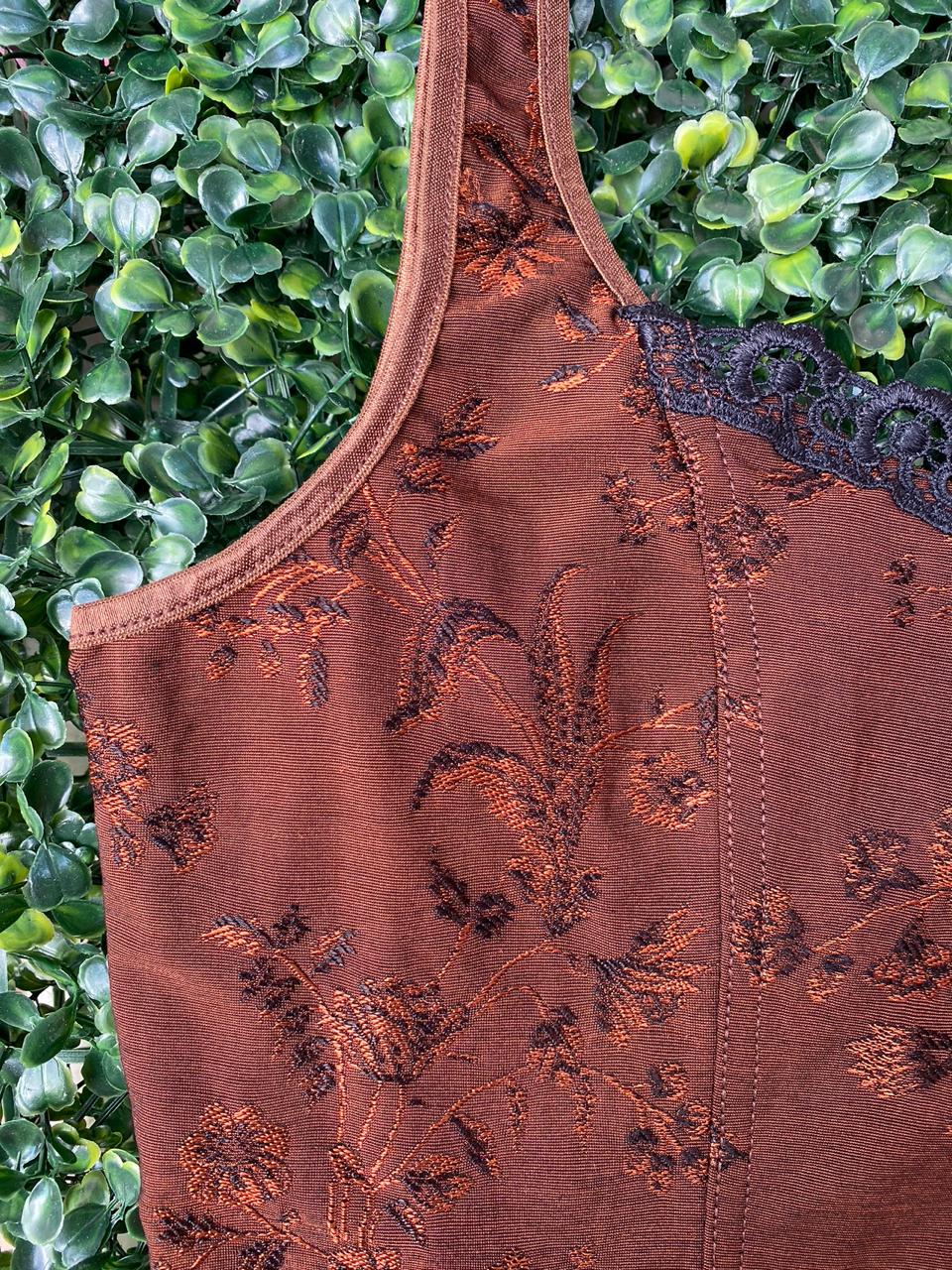 Brown Jacquard Floral Lace Trim Cami Top