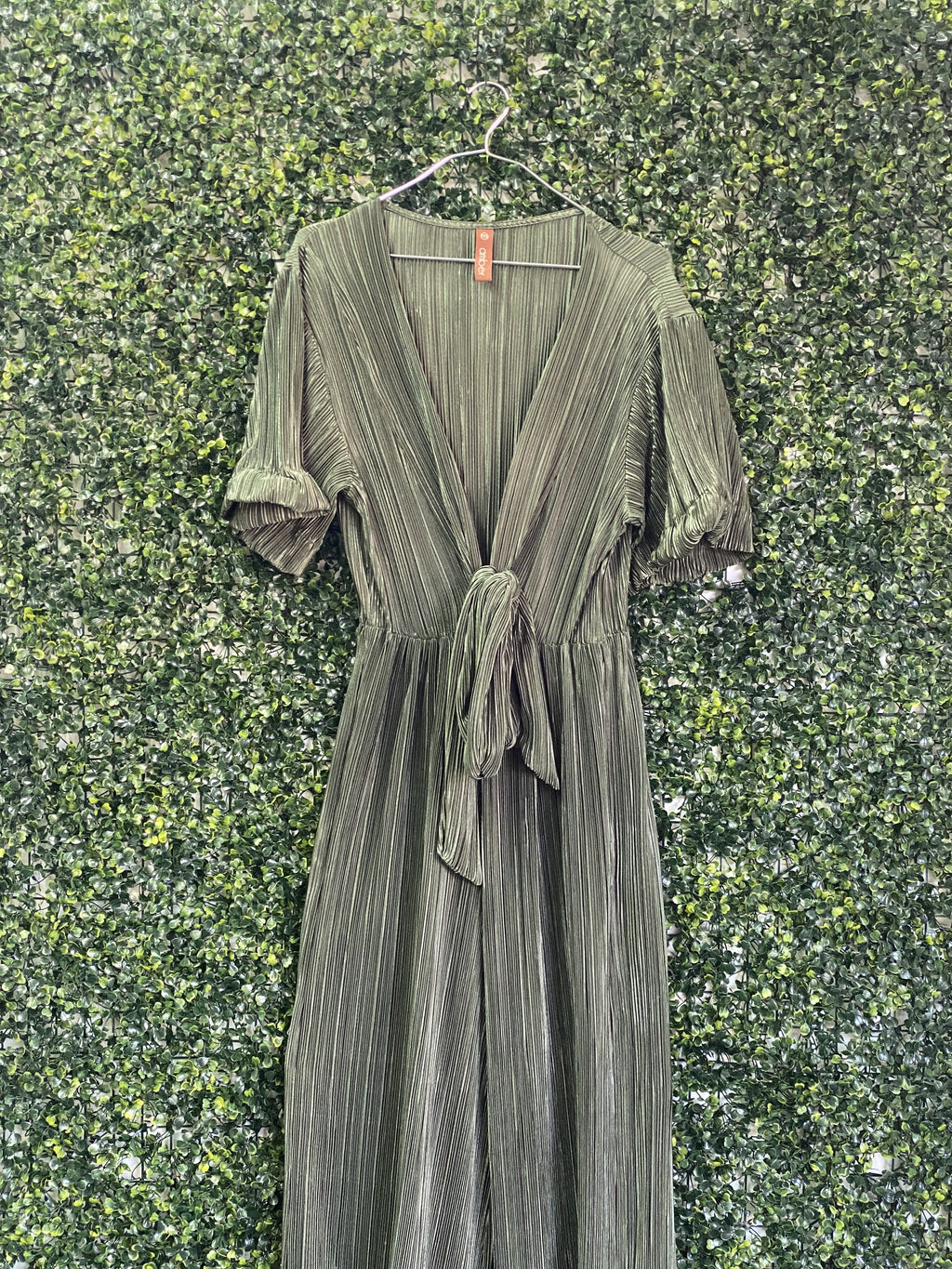 Amber Olive Pleated Wrap Jumpsuit — detail