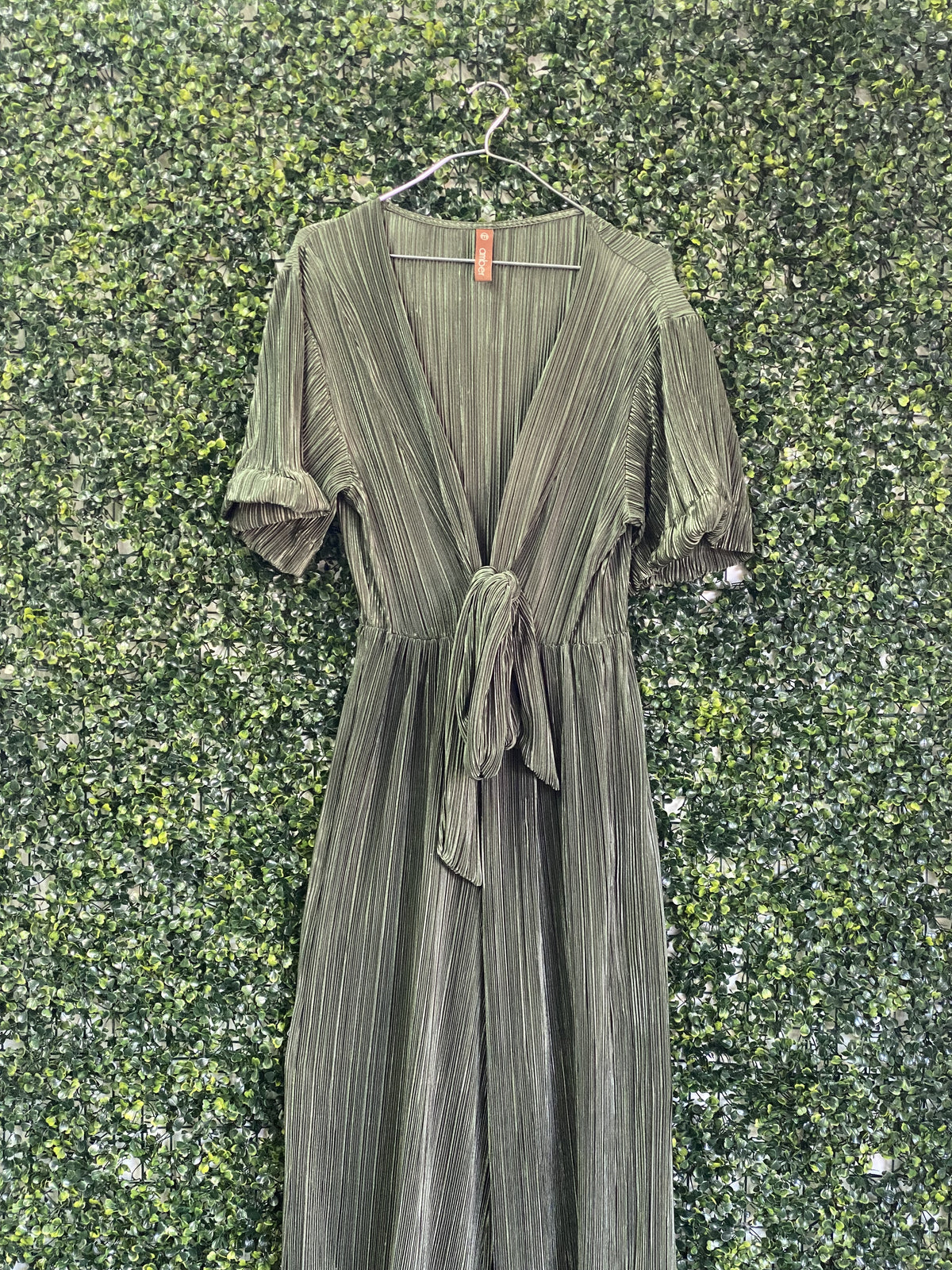 Amber Olive Pleated Wrap Jumpsuit — detail